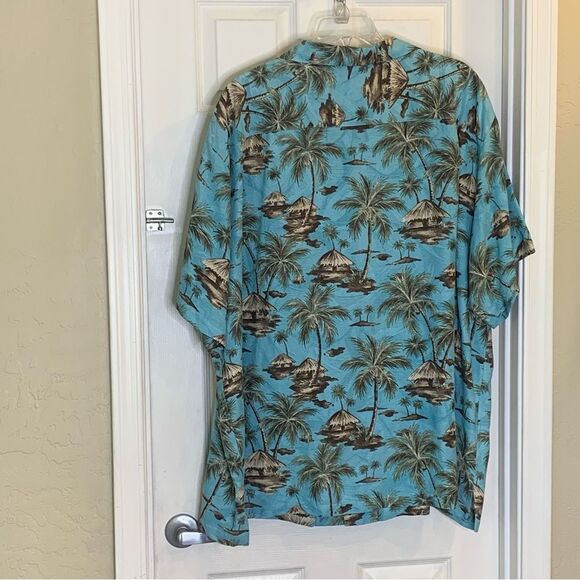 Caribbean Hawaiian Aloha Teal Blue Tiki Hut Button Down Silk Shirt Size 4XB - Picture 4 of 12